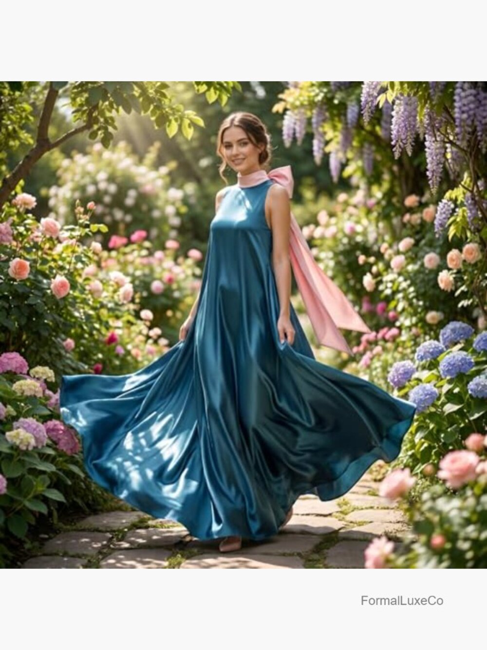 Sleeveless Mock Neck A-Line Flowy Maxi Dress with Ruffle Hem - Picture 4 of 7